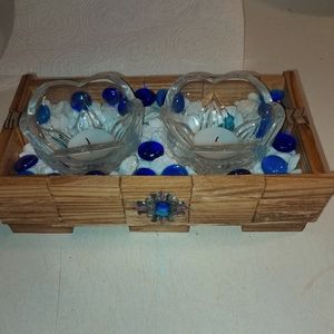 Votive candle holders in handmade tray.